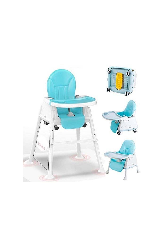 Foldable Highchair with Adjustable Backrest, Double Removable Tray, Detachable PU Leather Cushion, 5-Point Harness Convertible High Chair for Babies and Toddlers
