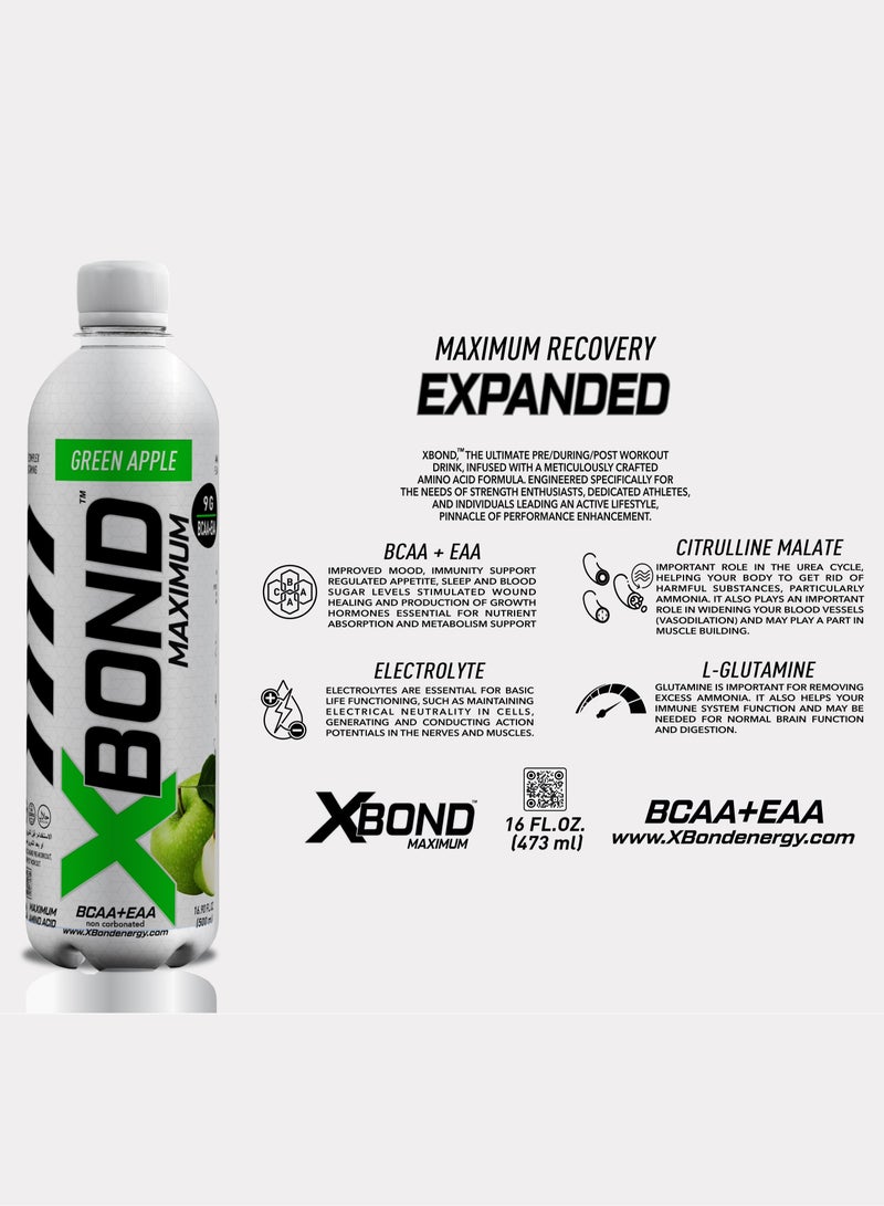 XBOND BCAA + EAA Green Apple Flavour Non Carbonated Drink, Sugar Free, Branch Chained Amino Acids(pack of 12)