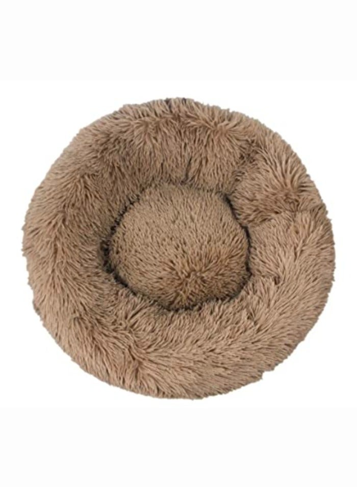 ComfyCraze Donut Shaped Cat Bed (Light Brown) - Cozy Pet Haven - Raised Edges, Super Warm Plush Fur, 60cm Diameter - Non-Slip Bottom, Removable & Washable - Ideal for Small/Medium Pets