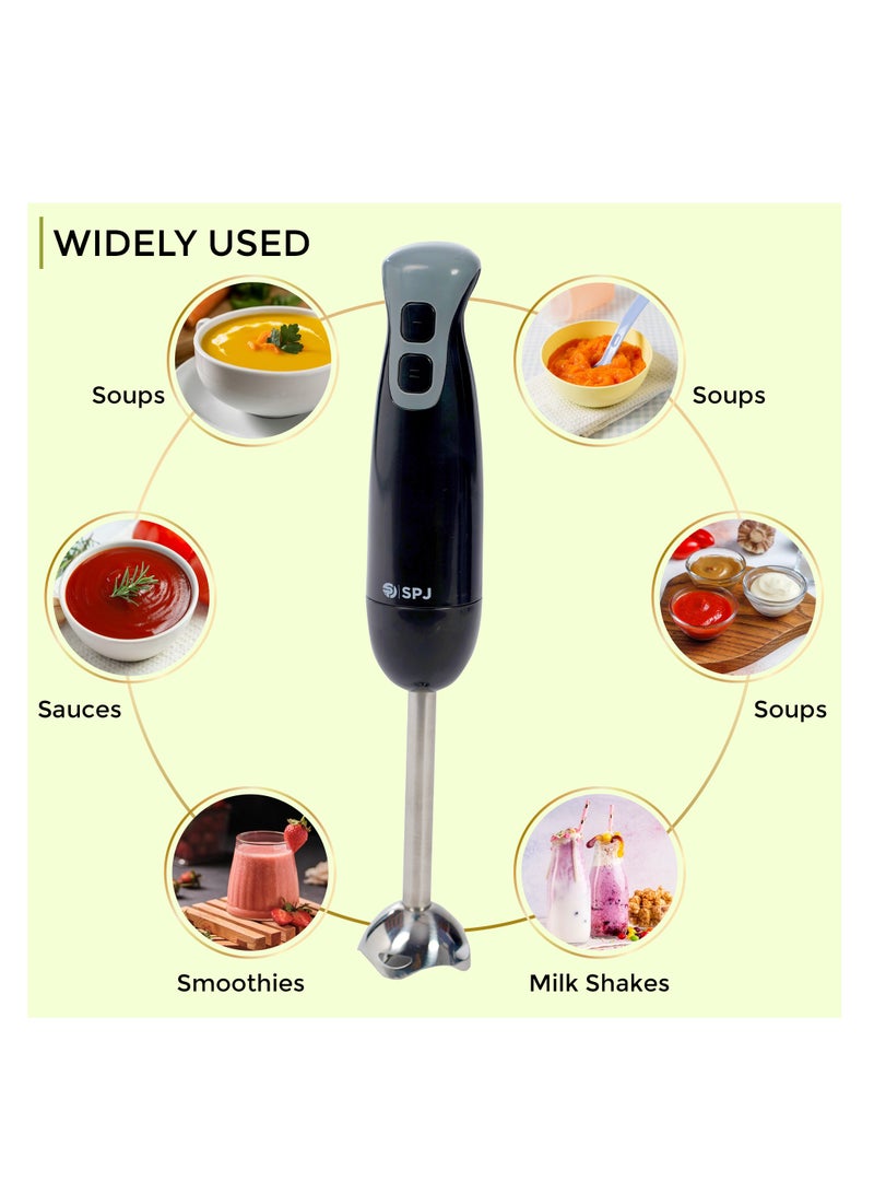SPJ Hand Blender 200W with Stainless Steel Blades, 2 Speeds, 600ML Blending Cup, Easy to Use & Elegant Design – compact hand blender with blending cup for soup Black