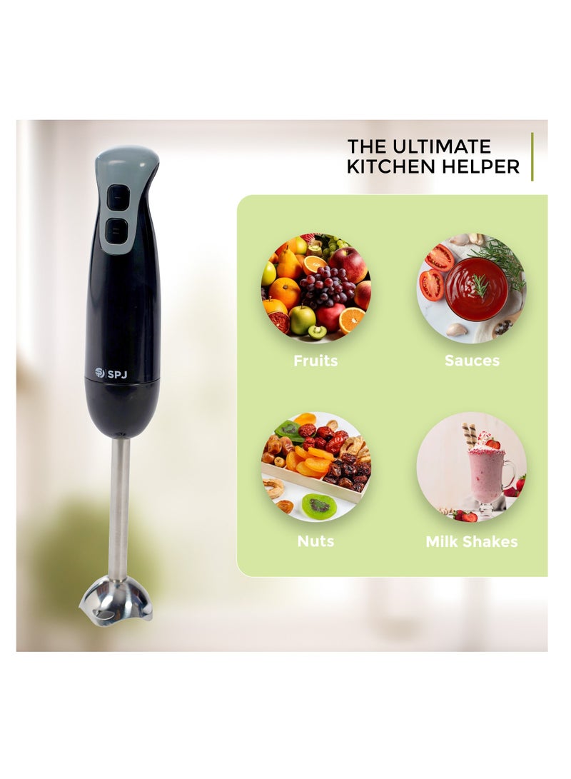 SPJ Hand Blender, 600ML Blending Cup, 2 Speeds Selection, Elegant Design and Easy to Operate, Stainless Steel Mixing Stick, 200 W Power, Black, HBBLV-004