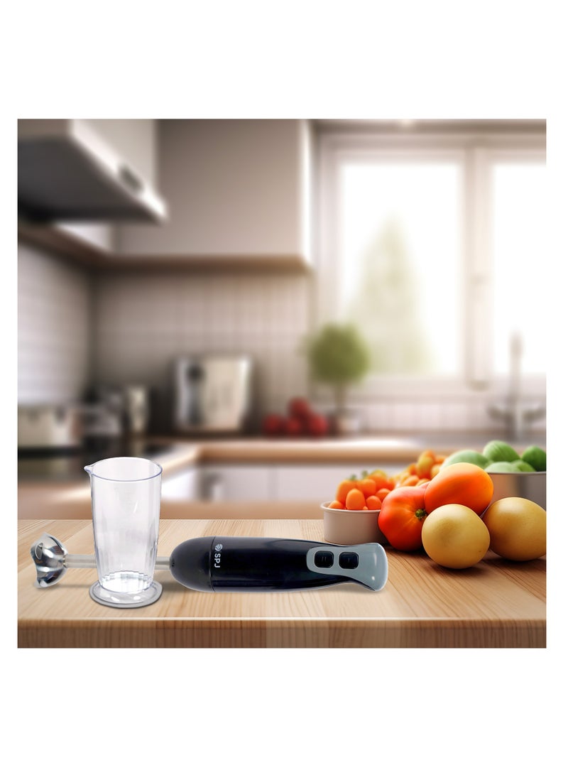 SPJ Hand Blender 200W with Stainless Steel Blades, 2 Speeds, 600ML Blending Cup, Easy to Use & Elegant Design – compact hand blender with blending cup for soup Black