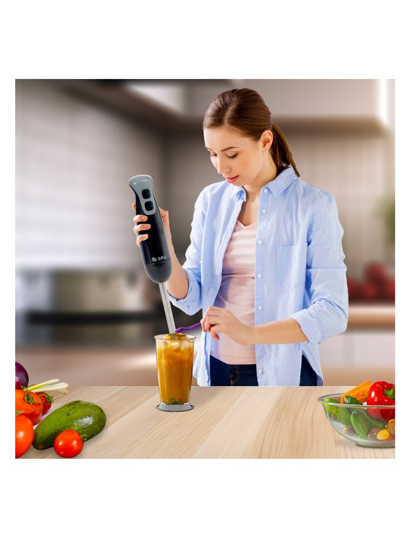 SPJ Hand Blender 200W with Stainless Steel Blades, 2 Speeds, 600ML Blending Cup, Easy to Use & Elegant Design – compact hand blender with blending cup for soup Black