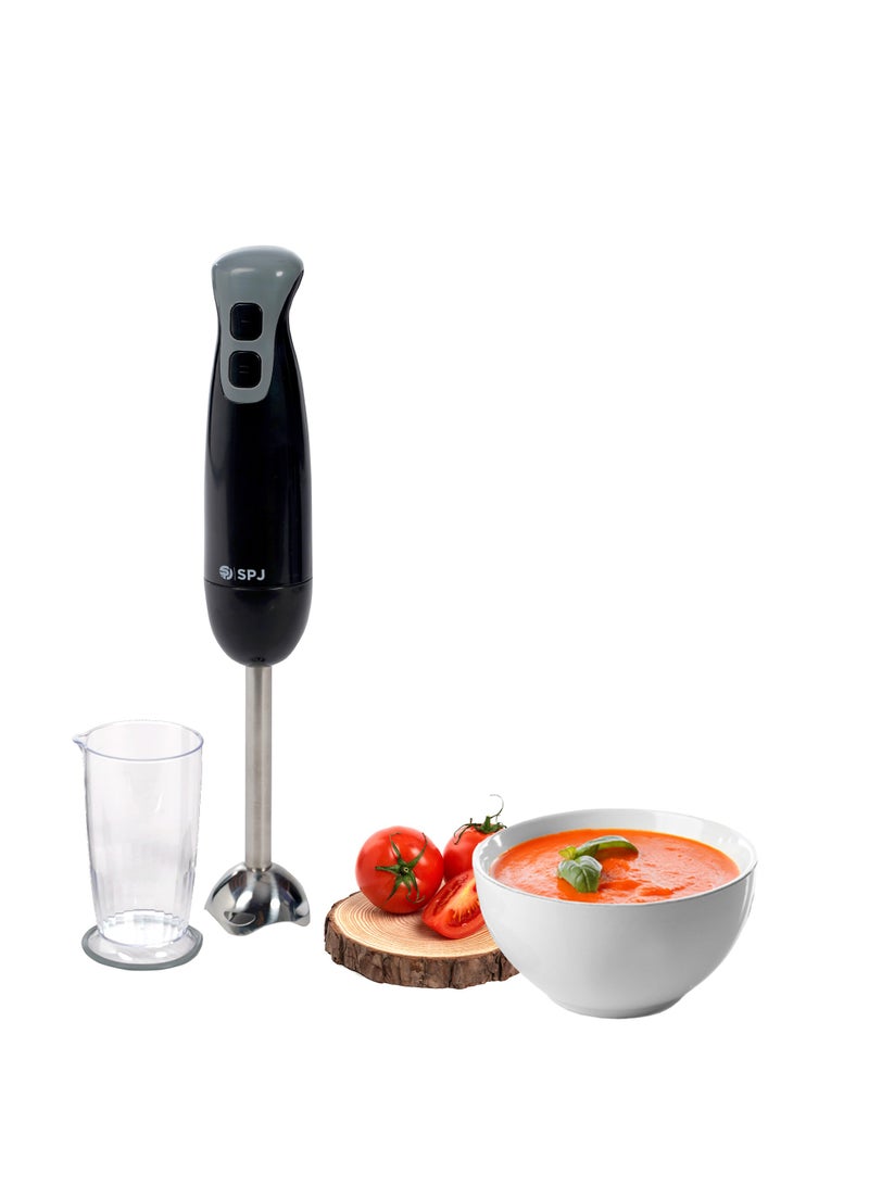 SPJ Hand Blender, 600ML Blending Cup, 2 Speeds Selection, Elegant Design and Easy to Operate, Stainless Steel Mixing Stick, 200 W Power, Black, HBBLV-004