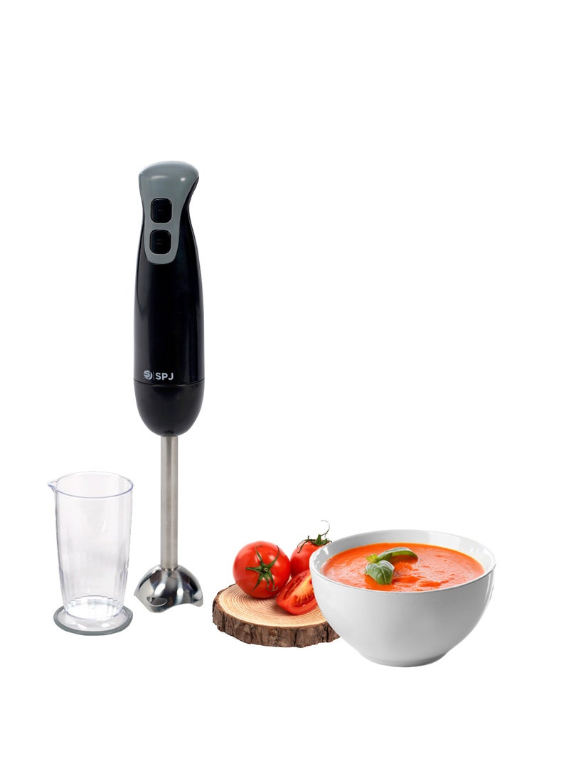 SPJ Hand Blender 200W with Stainless Steel Blades, 2 Speeds, 600ML Blending Cup, Easy to Use & Elegant Design – compact hand blender with blending cup for soup Black