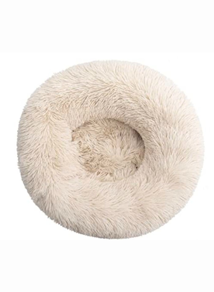 ComfyCraze Donut Shaped Cat Bed (Light Beige) - Cozy Pet Haven - Raised Edges, Super Warm Plush Fur, 60cm Diameter - Non-Slip Bottom, Removable & Washable - Ideal for Small/Medium Pets