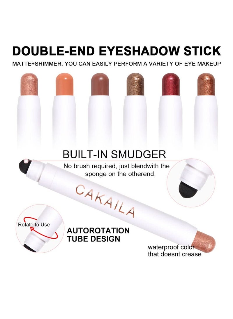 6Pcs 2 tone Eye Shadow Stick Makeup Set Waterproof Cream Eyeliner Crayon Set White Brown Gold Pink Dark Purple Bronzer Black Shimmer Eye Brightener Pencil Highlighter