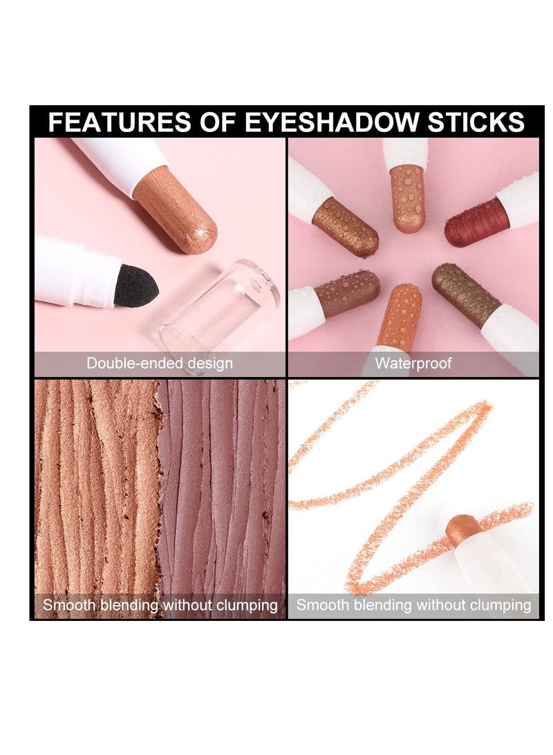 6Pcs 2 tone Eye Shadow Stick Makeup Set Waterproof Cream Eyeliner Crayon Set White Brown Gold Pink Dark Purple Bronzer Black Shimmer Eye Brightener Pencil Highlighter