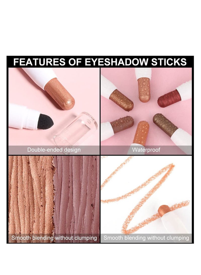 6Pcs 2 tone Eye Shadow Stick Makeup Set Waterproof Cream Eyeliner Crayon Set White Brown Gold Pink Dark Purple Bronzer Black Shimmer Eye Brightener Pencil Highlighter