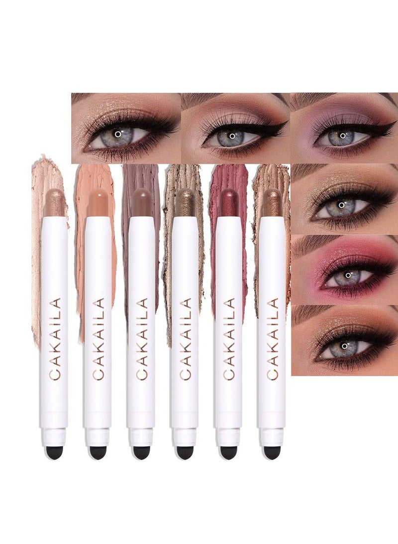 6Pcs 2 tone Eye Shadow Stick Makeup Set Waterproof Cream Eyeliner Crayon Set White Brown Gold Pink Dark Purple Bronzer Black Shimmer Eye Brightener Pencil Highlighter