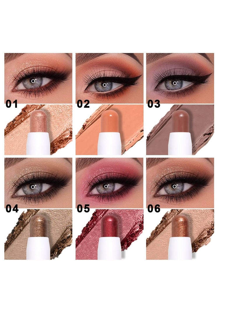 6Pcs 2 tone Eye Shadow Stick Makeup Set Waterproof Cream Eyeliner Crayon Set White Brown Gold Pink Dark Purple Bronzer Black Shimmer Eye Brightener Pencil Highlighter
