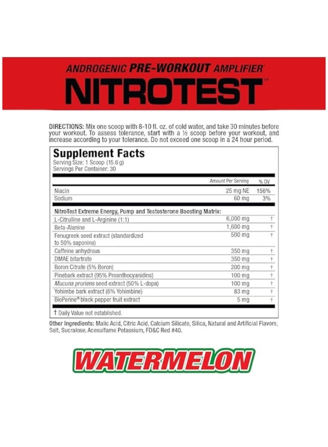 Nitrotest, Androgenic Pre-Workout Amplifier, Watermelon Flavour, 30 Servings