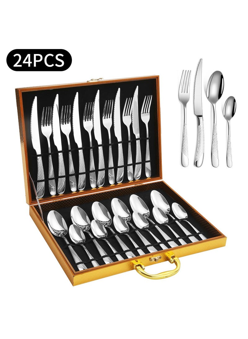 24-pieces Stainless steel tableware Western knife, fork and spoon set silver