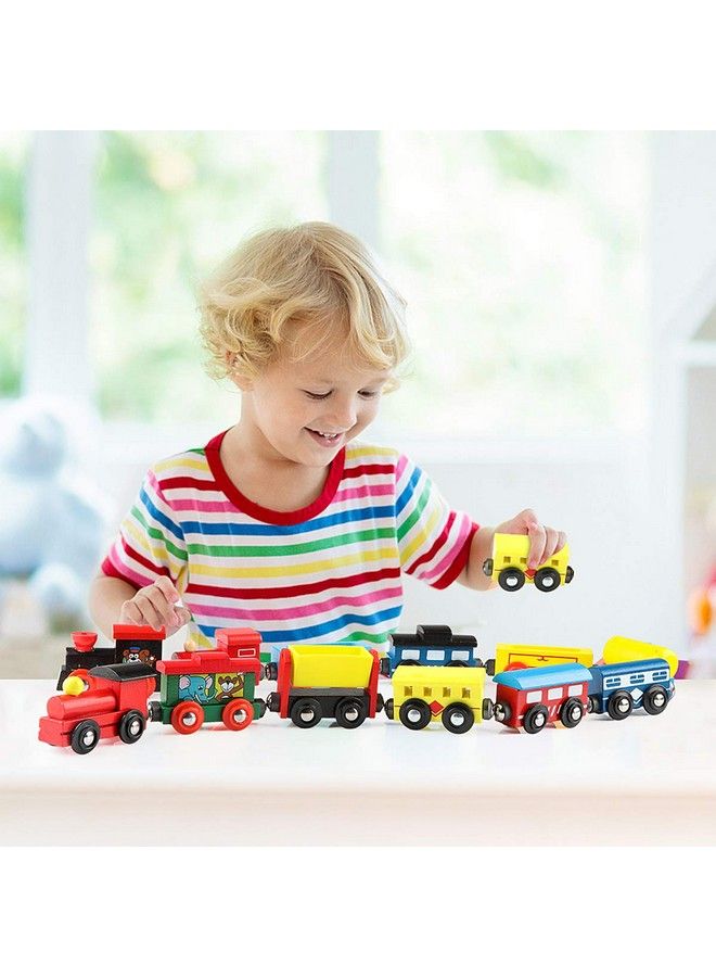 12 Pcs Wooden Train Cars, Train Toys Magnetic Set Includes 3 Engines And Storage Bag, Toy Train Sets For Kids Toddler Boys And Girls, Compatible With Major Brands Train Tracks Set