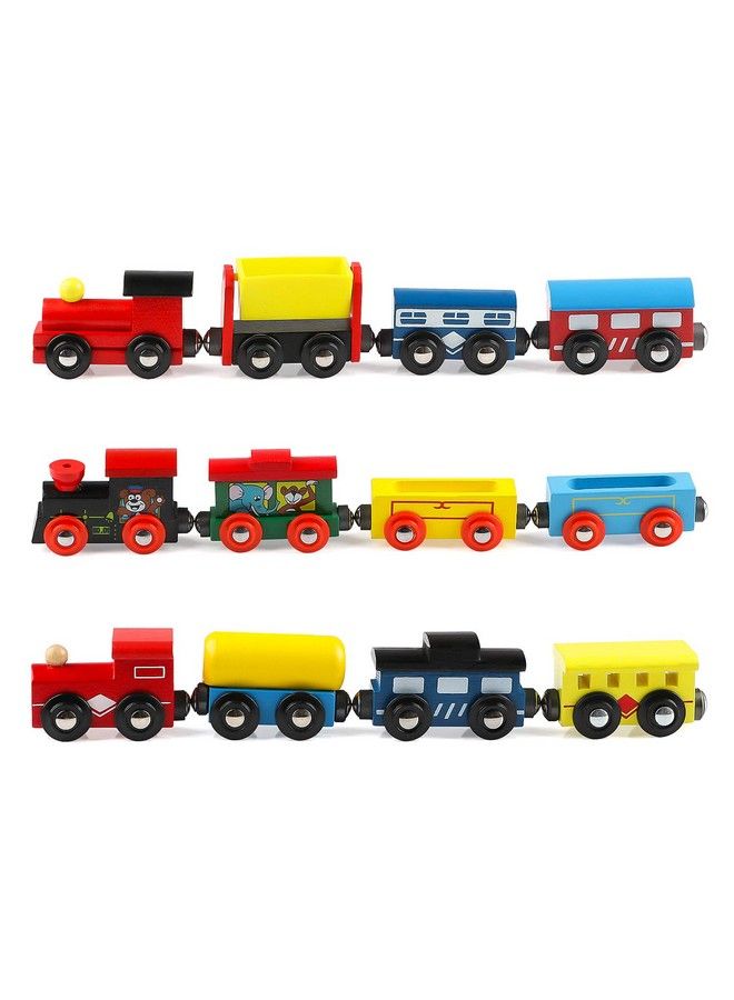 12 Pcs Wooden Train Cars, Train Toys Magnetic Set Includes 3 Engines And Storage Bag, Toy Train Sets For Kids Toddler Boys And Girls, Compatible With Major Brands Train Tracks Set