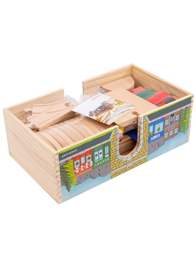 Toys 52 Pcs Deluxe Wooden Train Set With Dualuse Storage Box/Tunnel Compatible With Thomas Wooden Railway, Brio, Chuggington