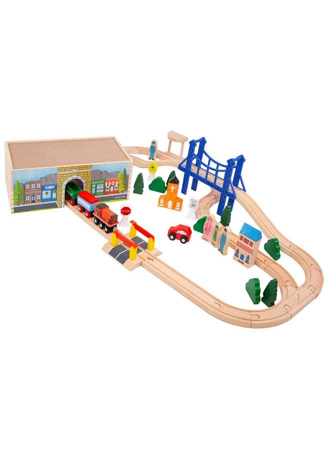 Toys 52 Pcs Deluxe Wooden Train Set With Dualuse Storage Box/Tunnel Compatible With Thomas Wooden Railway, Brio, Chuggington