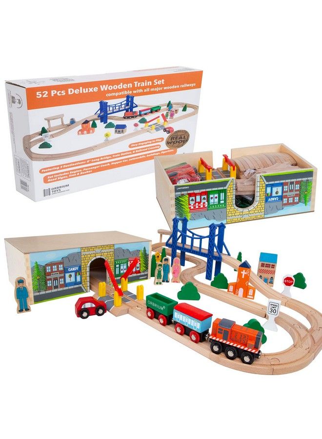 Toys 52 Pcs Deluxe Wooden Train Set With Dualuse Storage Box/Tunnel Compatible With Thomas Wooden Railway, Brio, Chuggington
