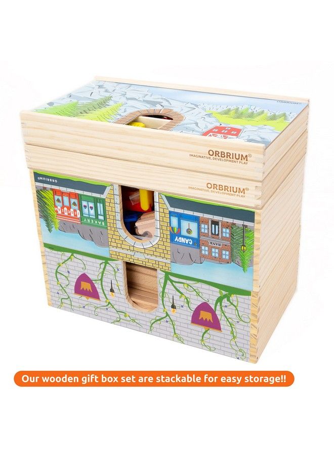 Toys 52 Pcs Deluxe Wooden Train Set With Dualuse Storage Box/Tunnel Compatible With Thomas Wooden Railway, Brio, Chuggington