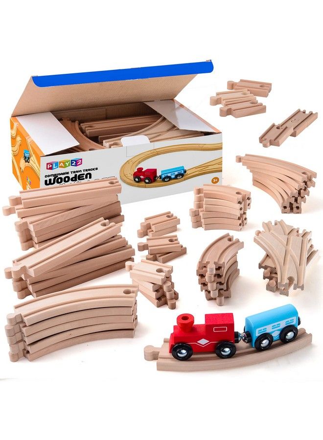 Wooden Train Tracks 52 Pcs Wooden Train Set + 2 Bonus Toy Trains Train Sets For Kids Car Train Toys Is Compatible With Thomas Wooden Railway Systems And All Major Brands Original