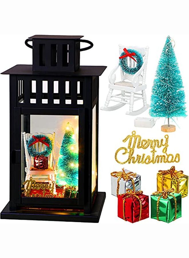 9 Pieces Christmas Memory Lanterns Sets Include 1:12 Scale Christmas Model Chairs Mini Christmas Tree Gift Boxes Multicolor Mini Wreath Christmas Hanging Decoration And Mini Light(No Lanterns )