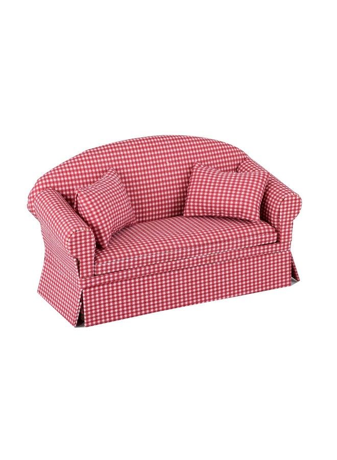Dollhouse Sofa Couch With Throw Pillows, Miniature Living Room Furniture Loveseat, Red White Checkered, Accessories For 6 Inch Dolls, 1/12 Scale