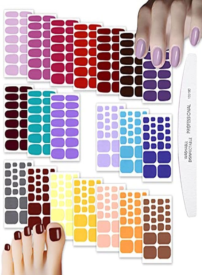 20 Sheets Full Wraps Solid Color Fingernail Polish Strips+Toenail Polish Stickers Manicure Kits Nail Art Decals With 1 Piece Nail File For Women Girls Nail Art Designs