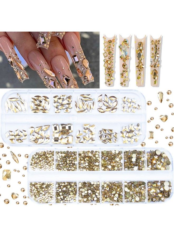 2120Pcs Champagne Gold Crystal Nail Rhinestones Round Beads Flatback Glass Gems Stones Multi Shapes Sizes Gold Rhinestones Nail Crystals For Nail Diy Crafts Clothes Shoes Jewelry