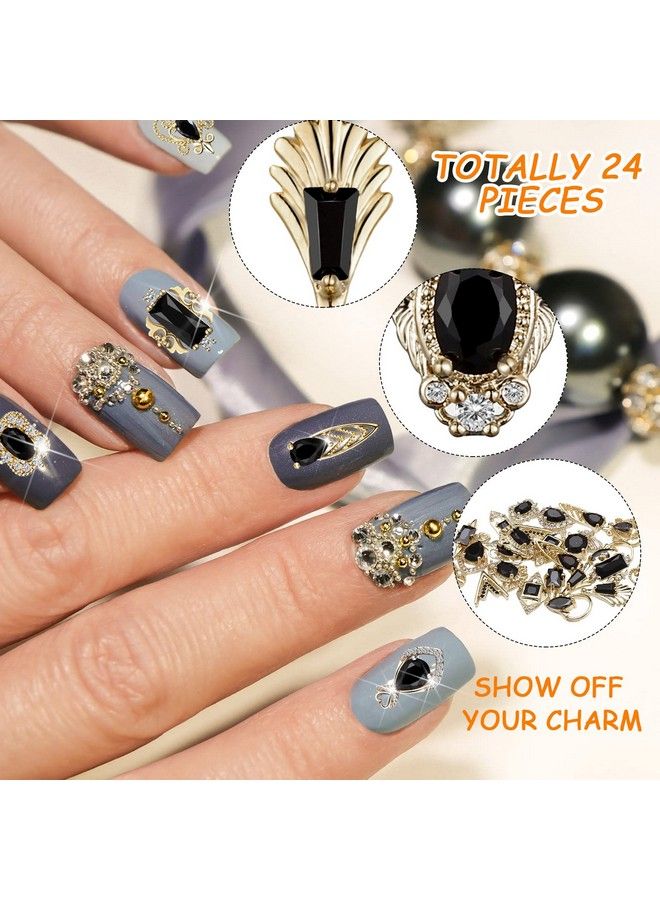 24 Pieces 3D Nail Charms Gold Luxury Black Rhinestones Nail Charms For Acrylic Nails Black Zircon Jewels Crystals Nail Rhinestones With Storage Box For Nail Diy Craft Art