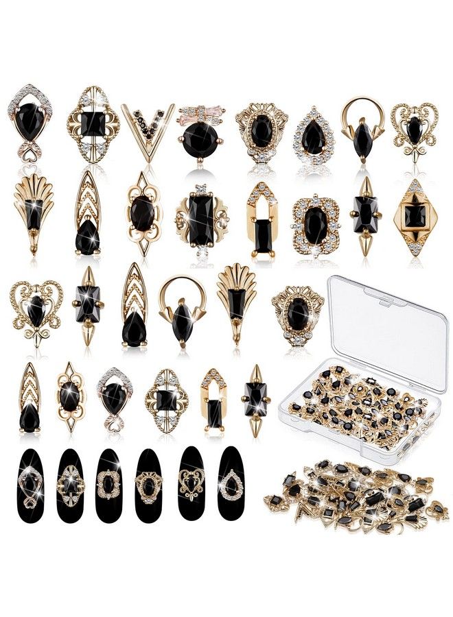 24 Pieces 3D Nail Charms Gold Luxury Black Rhinestones Nail Charms For Acrylic Nails Black Zircon Jewels Crystals Nail Rhinestones With Storage Box For Nail Diy Craft Art