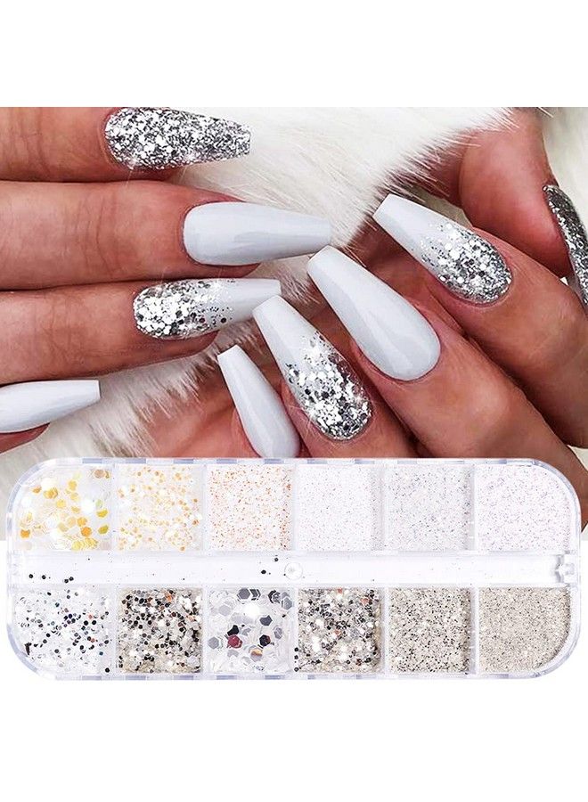 Holographic Nail Glitter 12Girds 3D Laser Silver Nails Art Glitter Sequins Metallic Shining Flakes Acrylic Powder Dust Sequins For Manicure Tips Nails Decoration