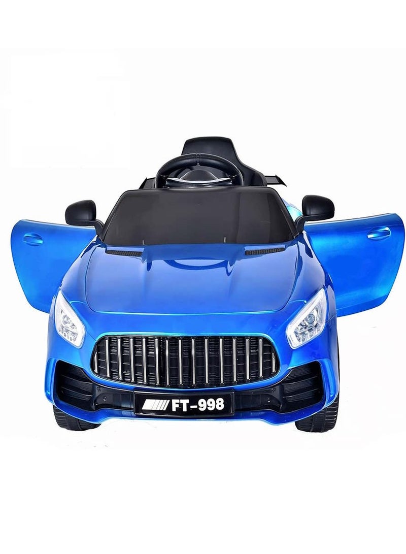 Rechargeable FT 998 Car Battery Operated Ride On USB Slot Wireless Remote Control Driving Speed Modes and LED Lights Horn Seat Belt 2 to 8 years Blue