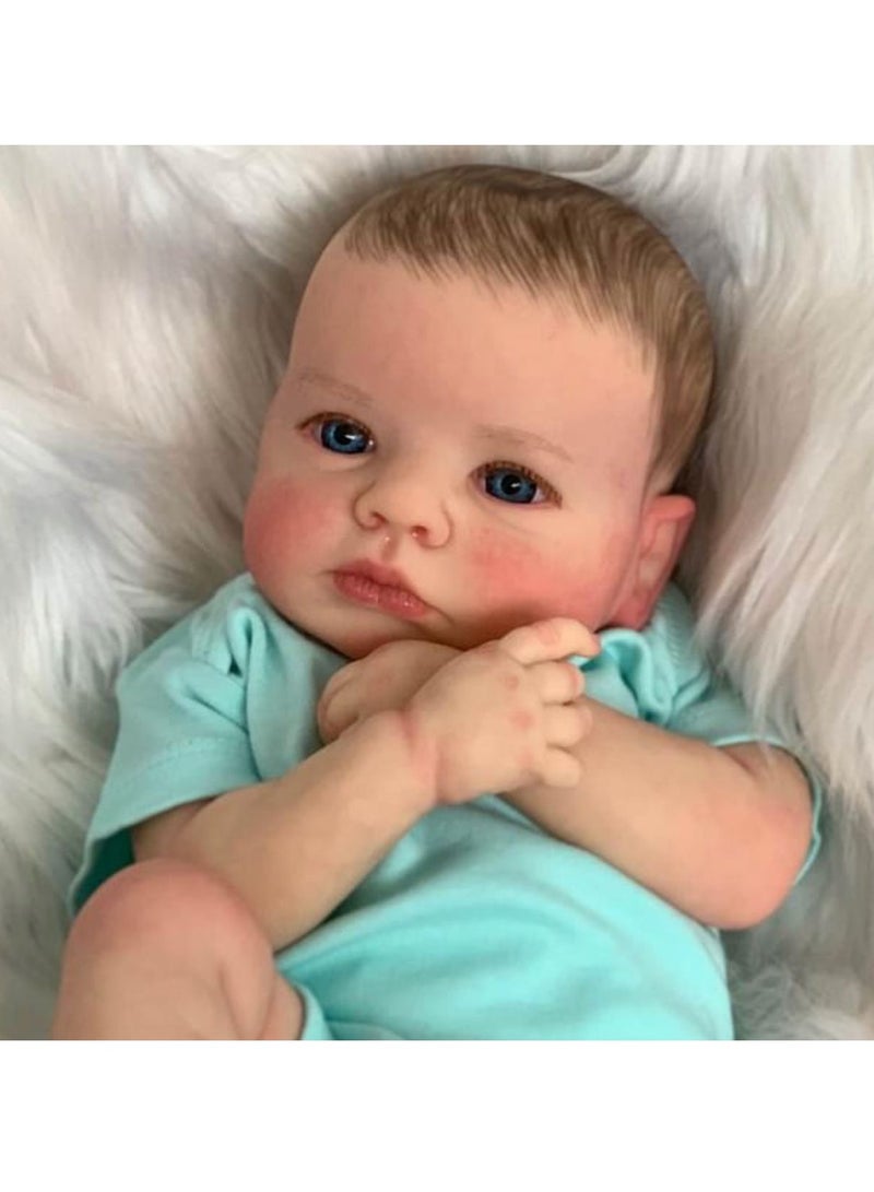 49cm Lifelike Reborn Dolls with Short Hair, Beautiful Realistic Newborn Baby Boy Doll with Feeding Toy for Kids Birthday.