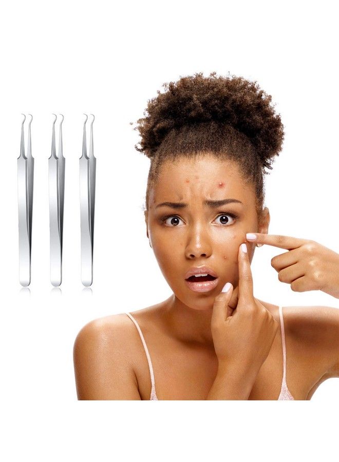 3 Pieces Blackhead Tweezer Stainless Steel Pimple Tweezers Extractor Tool For Remove Blackhead Zit Whitehead Pimple Bend Curved Tweezer Skin Blackhead Remover Tools