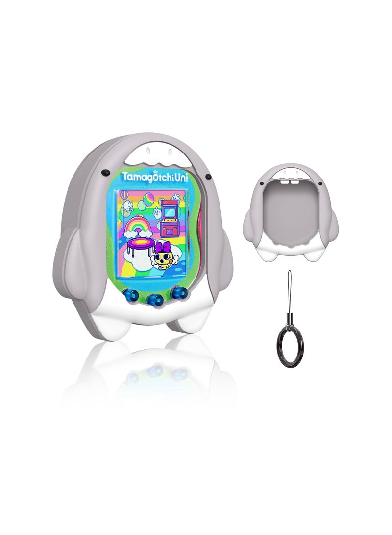 Silicone Case Compatible with Tamagotchi Uni, Cute Cartoon Grey Shark Virtual Pet Game Machine Protector Cover, Protective Skin Sleeve for Tamagotchi Pix Accessories Screen Protector with Hand Strap