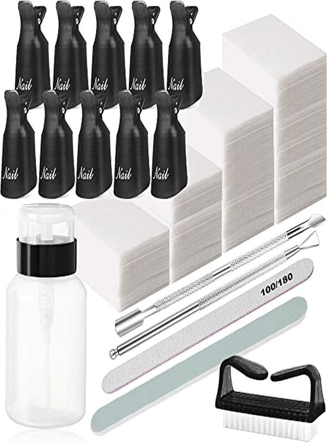 Polish Gel Remover Tools Kit, Soak Off Cap Clip 10Pcs, Dispenser Bottle, 600Pcs Cotton Pads Handle Brushes Finger Separators(Black-Set)