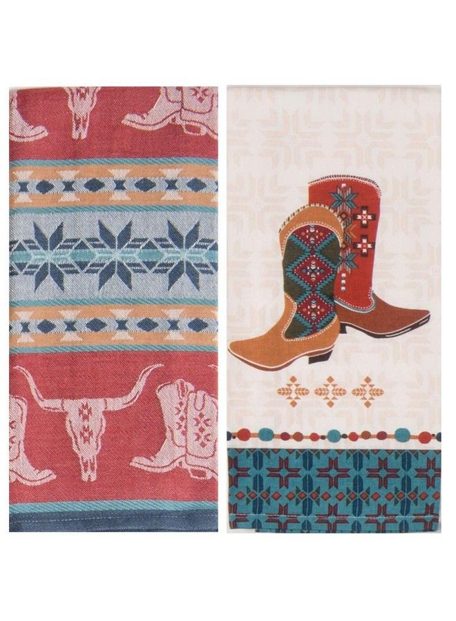 Southwest At Heart Jacquard Tea Towel & Boots Tea Towel Set Of 2 Southwestern Native Print Western Cowboy Kitchen Towels Dishtowel Set