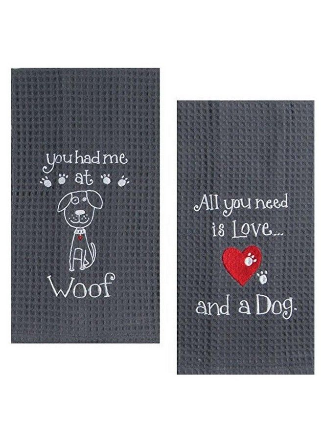 Dog Lover Embroidered Waffle Towel Set Cotton One Each You Had Me At Woof & Dog Love