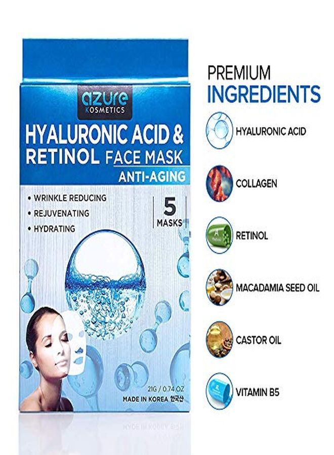 Azure Hyaluronic Acid & Retinol Anti Aging Facial Sheet Mask Hydrating, Toning & Rejuvenating | Helps Reduce Fine Lines & Wrinkles | Smooths & Repairs Elasticity | Made In Korea 5 Pack