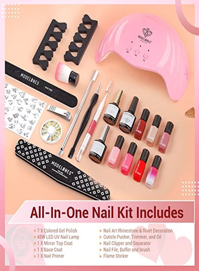 Gel Nail Polish Kit With 48W Nail Lamp - 7 Red Nude Colors Gel Nail Polish Set, No Wipe Base Top Coat, Nail Primer, Nail Art Decorations, Manicure Tools, Diy Starter Kit Ideal Gift For Her