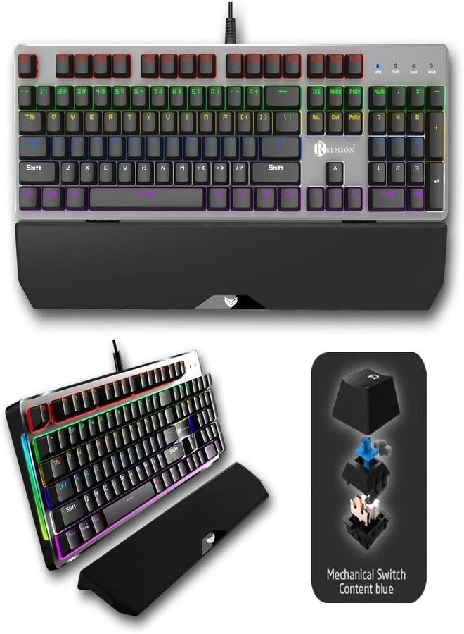 Remson K30 RGB Gaming Mechanical Keyboard 104 Keys Blue Switches Wired USB Keyboards with Detachable Wrist Rest, Arabic/English Gaming Mechanical Keyboard for PC Gamer Computer Desktop