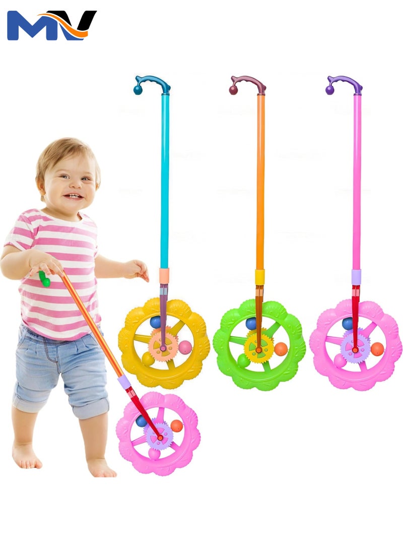 3pcs Super wheel, push and pull hand wheel for kids, For 12 Months & Up, Single Wheel Push Run Toy with Handle, Early Development and Activity toy - Multicolor