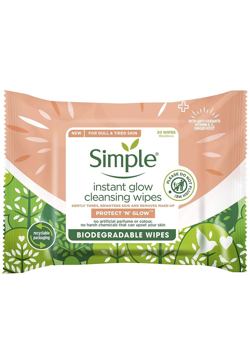 Simple Protect N Glow Instant Glow Dermatologically Tested Biodegradable Wipes for Sensitive Skin 20 wipes