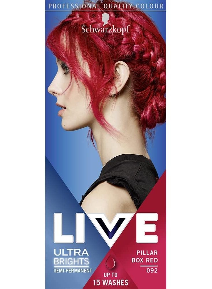Schwarzkopf LIVE Ultra Brights Or Pastels Vibrant Semi permanent Red Hair Dye Lasts Up to 15 Washes Pillar Box Red 092