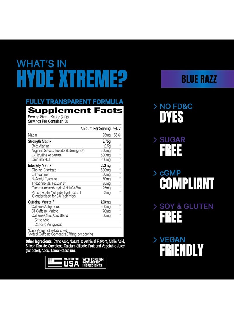 Mr Hyde Xtreme Former NitroX Pre Workout Powder Energy with Beta Alanine, Creatine & Nitrosigine, (30 Servings, Blue Razz Blitz)
