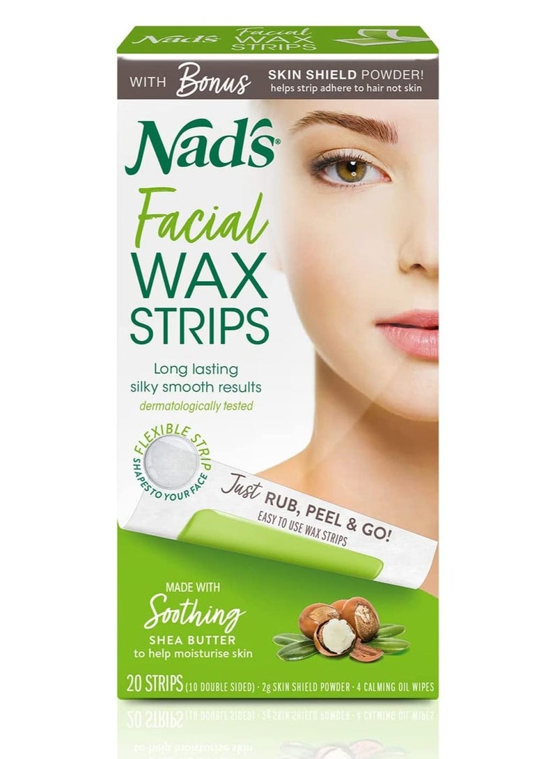Nad's Facial Wax Strips Facial Hair Removal For Women Face Wax Strips Includes 20 Waxing Strips and 4 Calming Oil Wipes Hypoallergenic