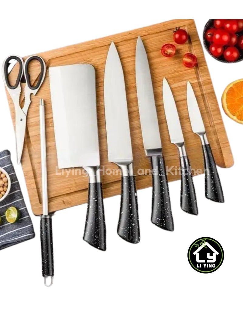 Liying 7Pcs Professional Kitchen Knife Set with Holder (BLACK), 5Pcs Chef Knifes, 1Pc Knife sharpner and a Scissor, for Meat/Vegetables/Fruits Chopping, Slicing, Dicing and Cutting