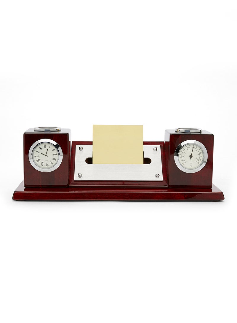 Desk Clock Set With Temperature, Card Holder And Pen Set Brown