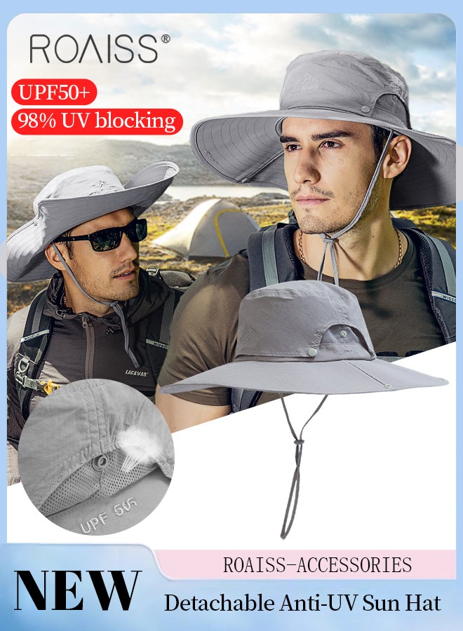 Breathable Wide Brim Fishing Hat with Removable Top UPF 50+ Anti-UV Water Resistant Tear-Resistant Sun Hat for Men & Women Adjustable Size with Chin Cord for Hiking Fishing Safaring