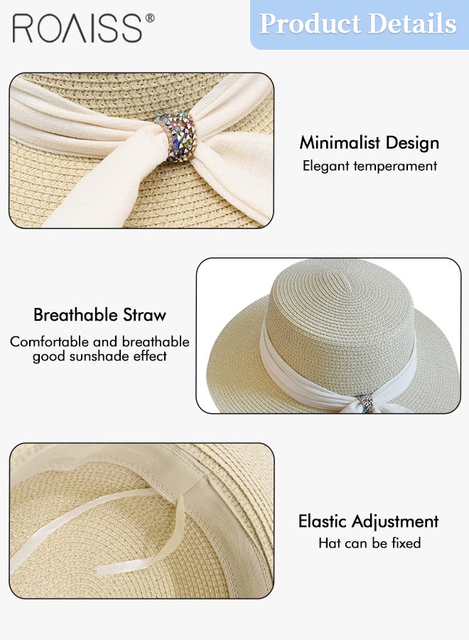 Holiday Straw Beach Hat for Women Wide Brim Bow Ribbon Boater Hat Flat Top Classic Sun Hat for Summer Beige